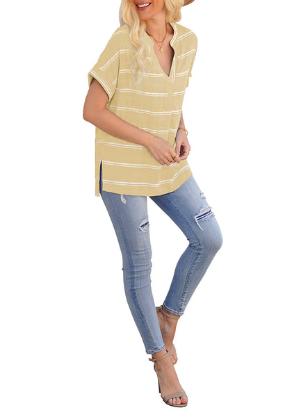 Full view of model wearing beige split V-neckline batwing sleeves striped loose top