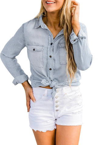 Women's Long Sleeve Collared Shirt Button Down Denim Blouse Tops