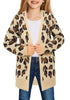 Front view of little girl wearing beige leopard print open-front girls' knit cardigan