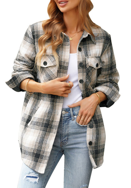 Grey Plaid Long Sleeves Button Down Jacket