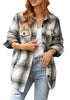 Front view of model wearing grey plaid long sleeves button down jacket