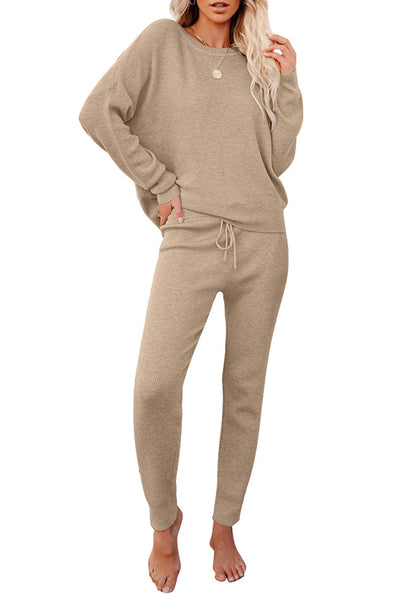 Front view of model wearing beige long sleeves two-piece loungewear set
