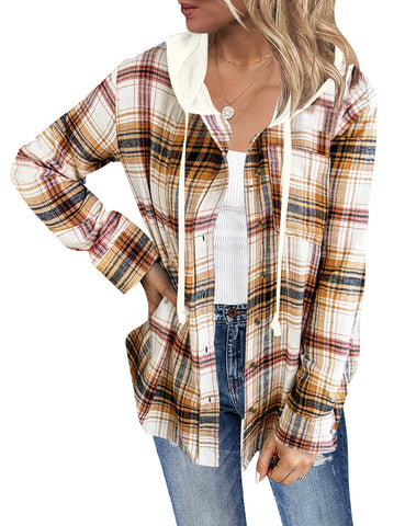 Women Long Sleeve Plaid Hoodie Button Down Blouse Loose Shacket Jacket