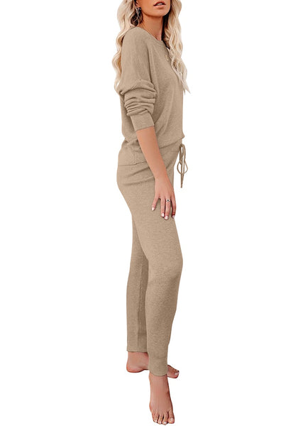Side view of model wearing beige long sleeves two-piece loungewear set