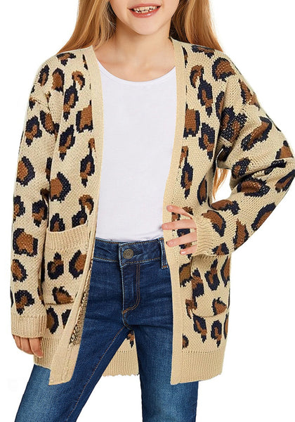 Little girl poses wearing grey beige print open-front girls' knit cardigan