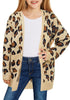Little girl poses wearing grey beige print open-front girls' knit cardigan