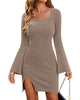 Womens Sweater Dress Bodycon Square Neck Slit Short Dresses Bell Long Sleeve Knit Sexy Outfit