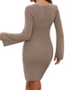 Womens Sweater Dress Bodycon Square Neck Slit Short Dresses Bell Long Sleeve Knit Sexy Outfit