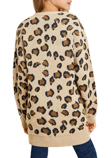 Back view of model wearing beige leopard print open-front girls' knit cardigan