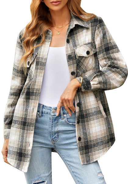 Model wearing grey plaid long sleeves button down jacket