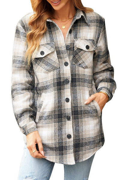 Frontal view of model wearing grey plaid long sleeves button down jacket