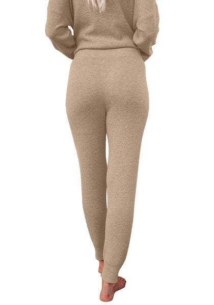 Back view of model wearing beige long sleeves two-piece loungewear set