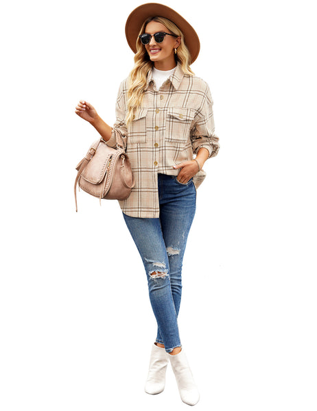 Full front view of model wearing beige flap pockets button-down plaid short jacket
