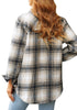 Back view of model wearing grey plaid long sleeves button down jacket