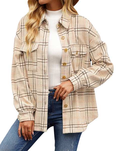 Close-up view of model wearing beige flap pockets button-down plaid short jacket