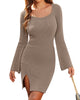 Womens Sweater Dress Bodycon Square Neck Slit Short Dresses Bell Long Sleeve Knit Sexy Outfit