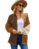 Front view of model wearing coffee drop shoulders contrast corduroy button-down jacket