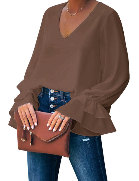 Model wearing coffee ruffle cuff long sleeves V-neck blouse