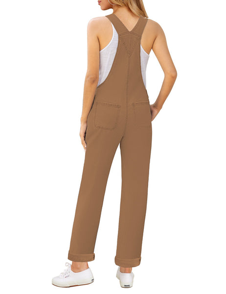 Back view of model wearing brown flap pocket boyfriend jeans denim overalls
