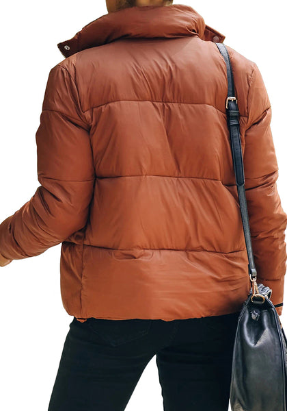 Back view of model wearing Camel Quilted Zip-Up Puffer Jacket