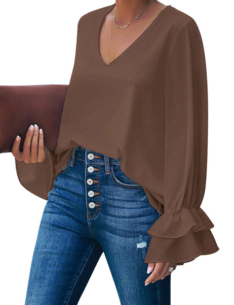 Angled shot of model wearing coffee ruffle cuff long sleeves V-neck blouse