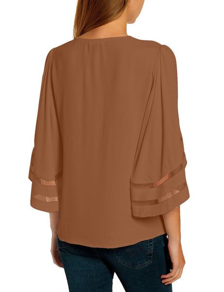 Women's Casual V Neck Mesh Panel Blouse Tops 3/4 Bell Sleeve Shirt
