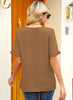 Back view of model wearing light brown ruffle trim short sleeves V-neck button-down top