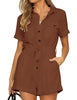 Front view of model wearing brown short sleeves button-down belted romper
