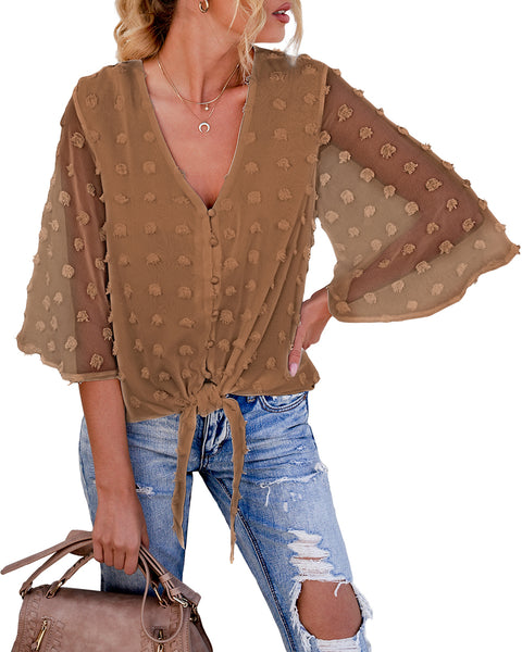 Coffee 3/4 Sleeves Pompom Tie-Front Top