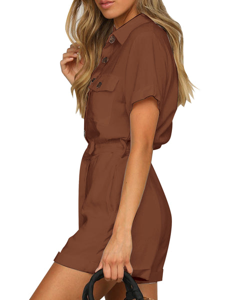 Side view of model wearing brown short sleeves button-down belted romper