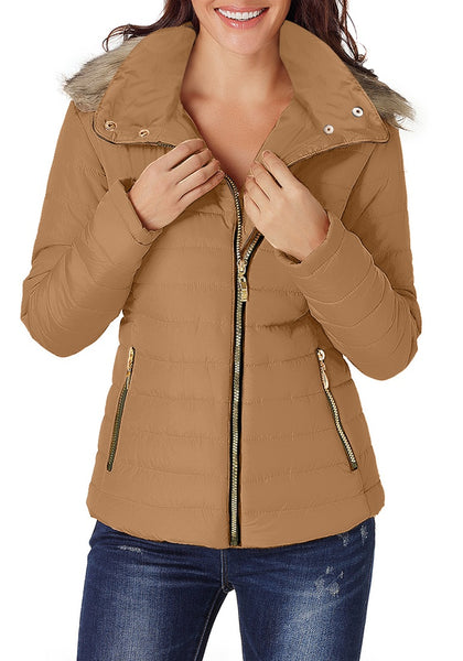 Front view of model wearing camel faux fur hooded zip up quilted jacket 