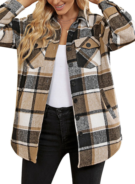 Front view of model wearing brown plaid long sleeves button down jacket