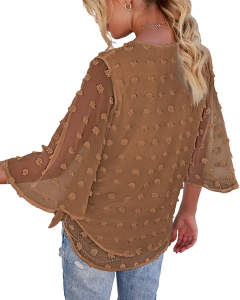 Back view of model wearing coffee 3/4 sleeves pompom tie-front top
