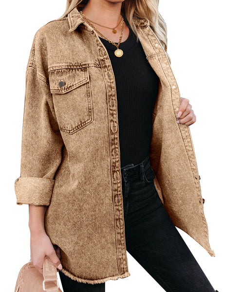 Almond Brown Button-Up Oversized Women's Denim Shacket