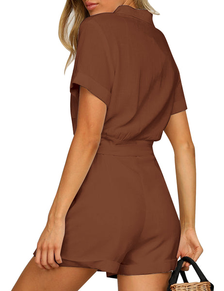 Back view of model wearing brown short sleeves button-down belted romper