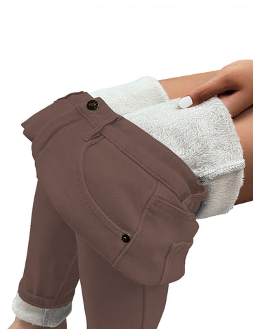 Cappuccino Women's Denim Fleece Mid Waist Thermal Jeggings Warm Trousers Jeans