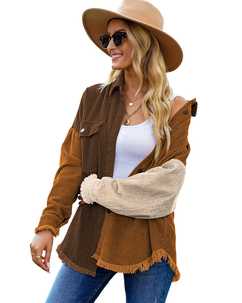 Front view of model wearing coffee drop shoulders contrast corduroy button-down jacket