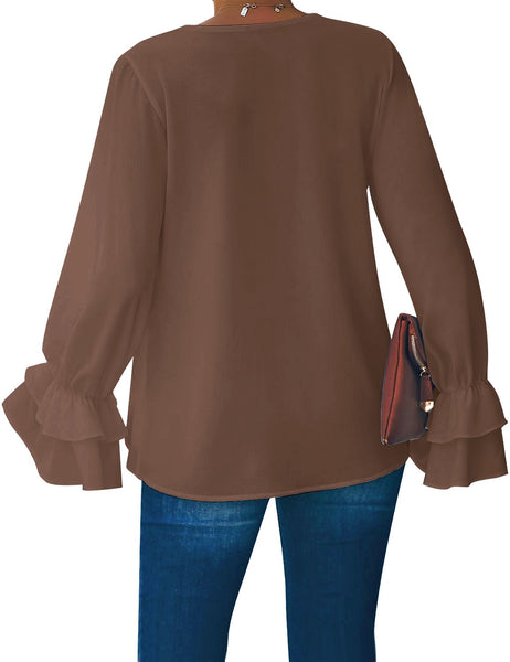 Back view of model wearing coffee ruffle cuff long sleeves V-neck blouse