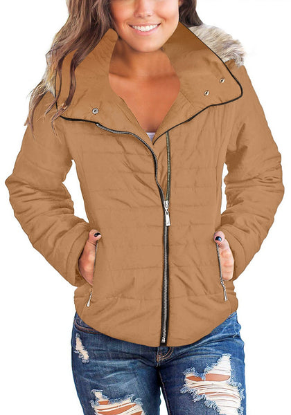 Model wearing camel faux fur hooded zip up quilted jacket 