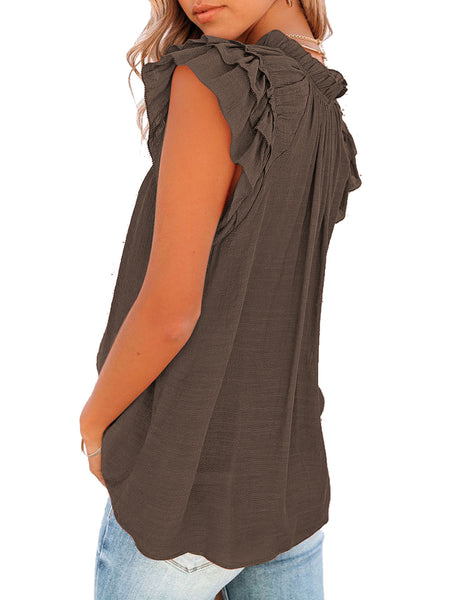 Women's Casual V Neck Tops Ruffle Flutter Shirt Cap Sleeve Blouse