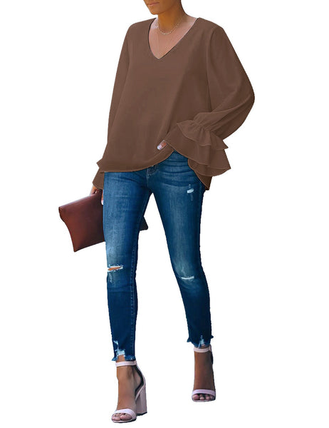 Full front view of model wearing coffee ruffle cuff long sleeves V-neck blouse