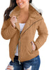 Model poses wearing camel faux fur hooded zip up quilted jacket 