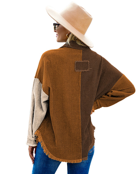 Back view of model wearing coffee drop shoulders contrast corduroy button-down jacket