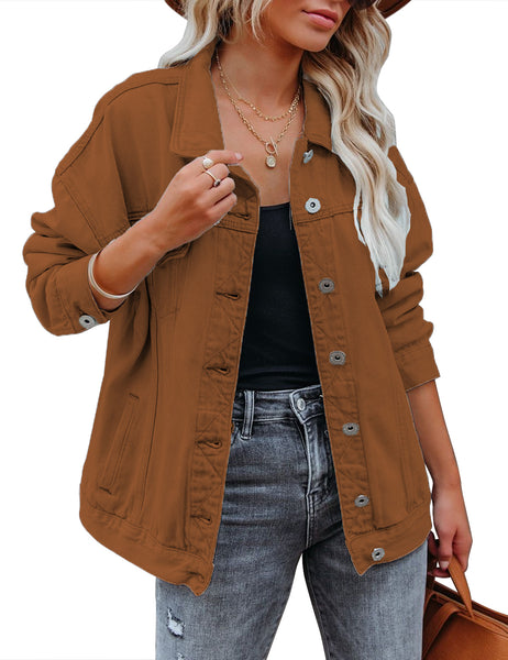 Model wearing brown drop shoulder button-down vintage denim jacket