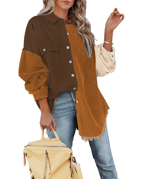 Model wearing coffee drop shoulders contrast corduroy button-down jacket