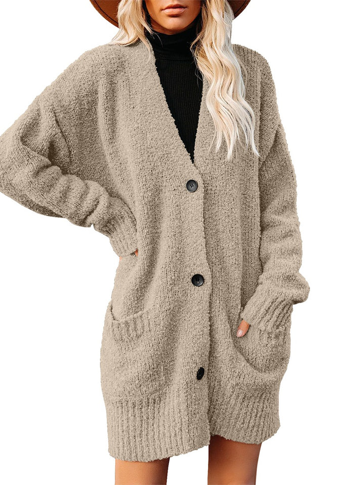 Beige Button Down Drop Shoulders Oversized Knit Cardigan