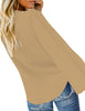 Back view of model wearing tan v-neckline button-up tie-front top