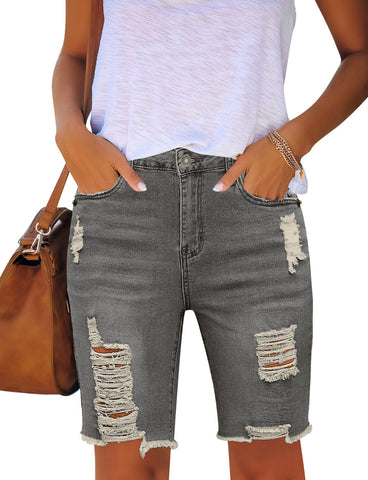 Women High Waist Ripped Bermuda Jean Shorts Skinny Denim Shorts