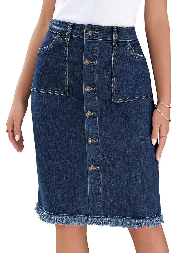 Deep Blue Frayed Hem Button-Down Midi Denim Skirt | Lookbook Store