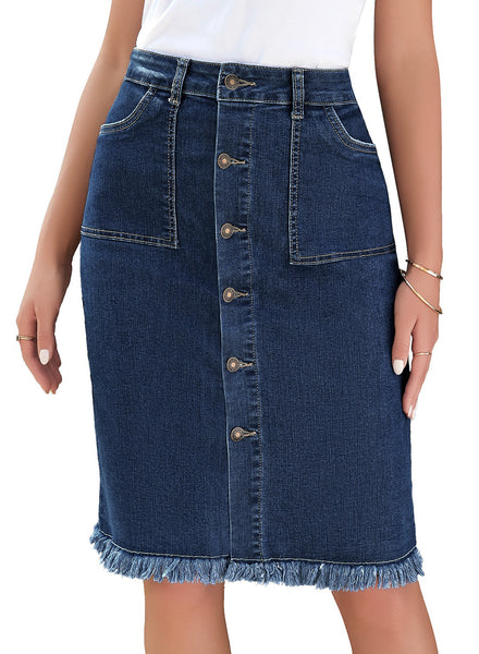 Deep Blue Frayed Hem Button-Down Midi Denim Skirt